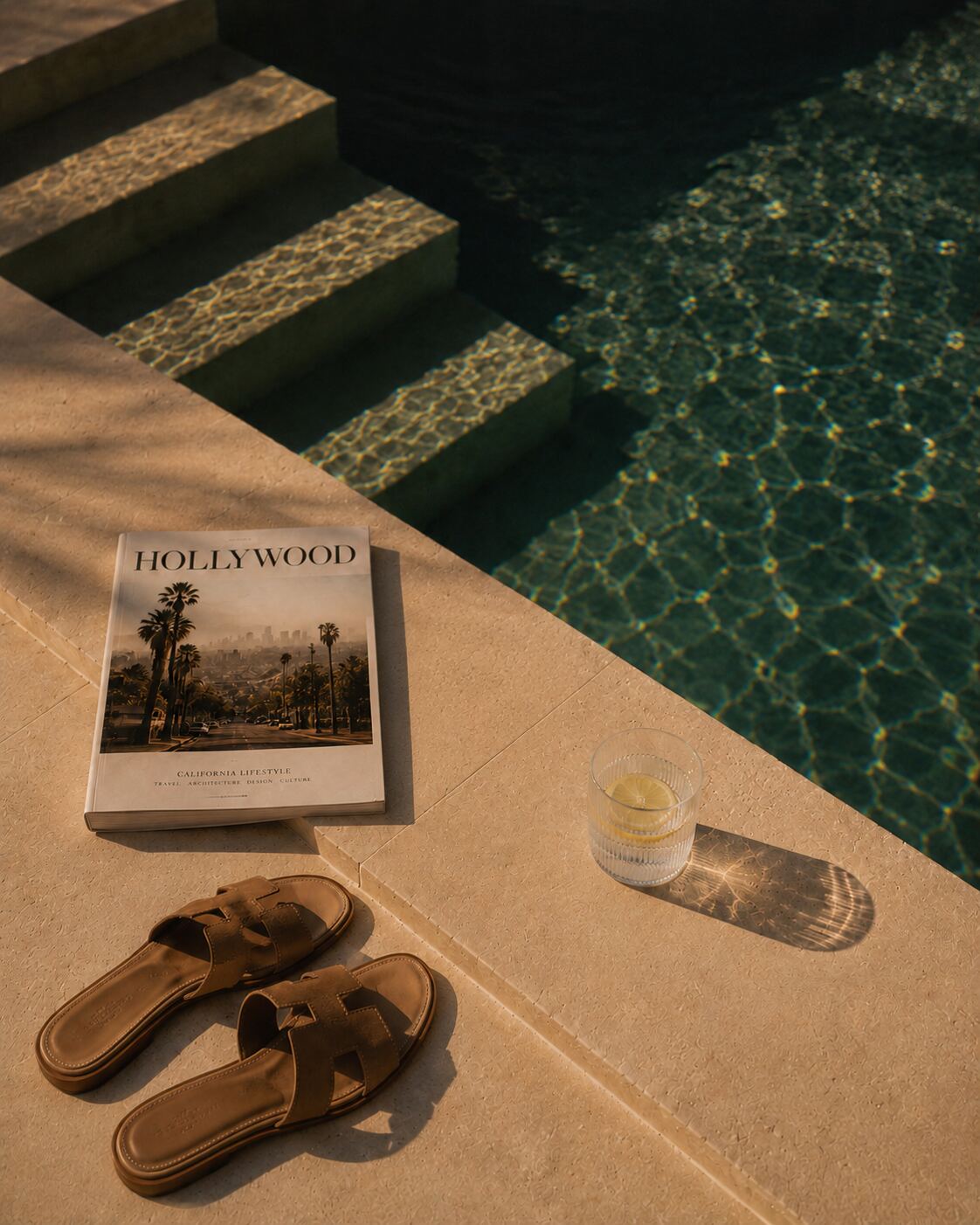 Poolside still life with a Hollywood magazine, fruit, and sandals
